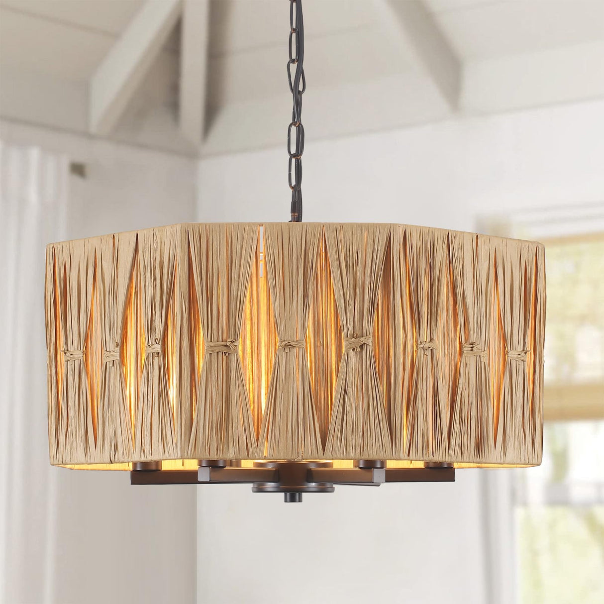 Rattan Drum Chandeliers for Dining Room Light Fixture, 6-Light Hand Woven Farmhouse Chandelier with Wicker Shade Coastal Large Pendant Lights Boho Chandeliers for Kitchen Living Room Foyer Entryway ANKYLHUA