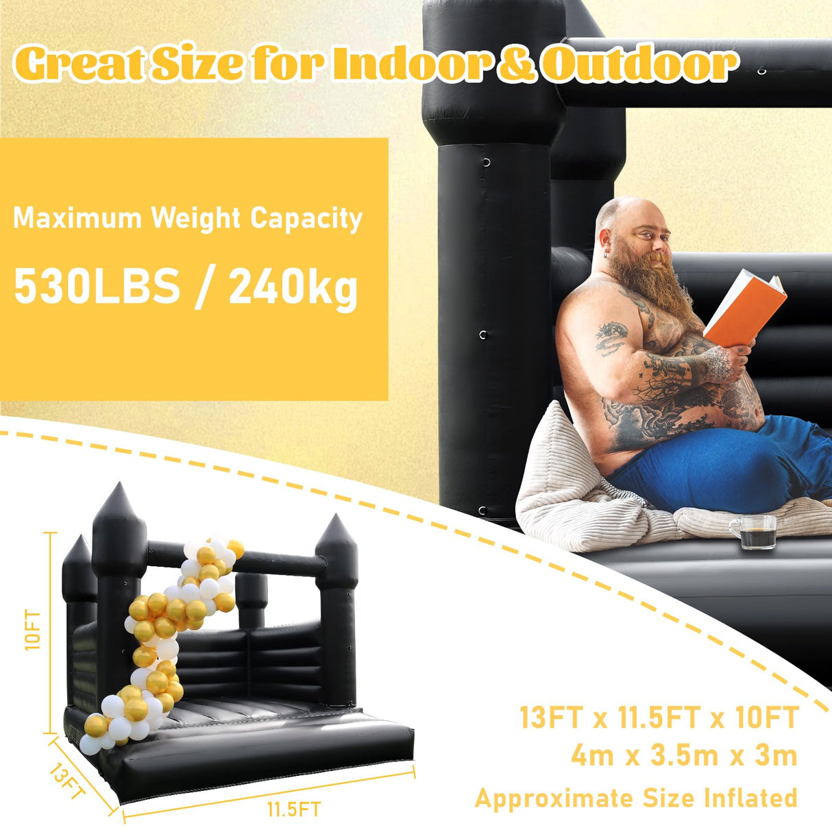 Black Inflatable Bounce House for Outdoor Halloween Decoration Party Backyard Wedding, PVC Halloween Inflatable Bounce House Castle for Kids with Blower(13FT*11.5FT*10FT) Inflantteble