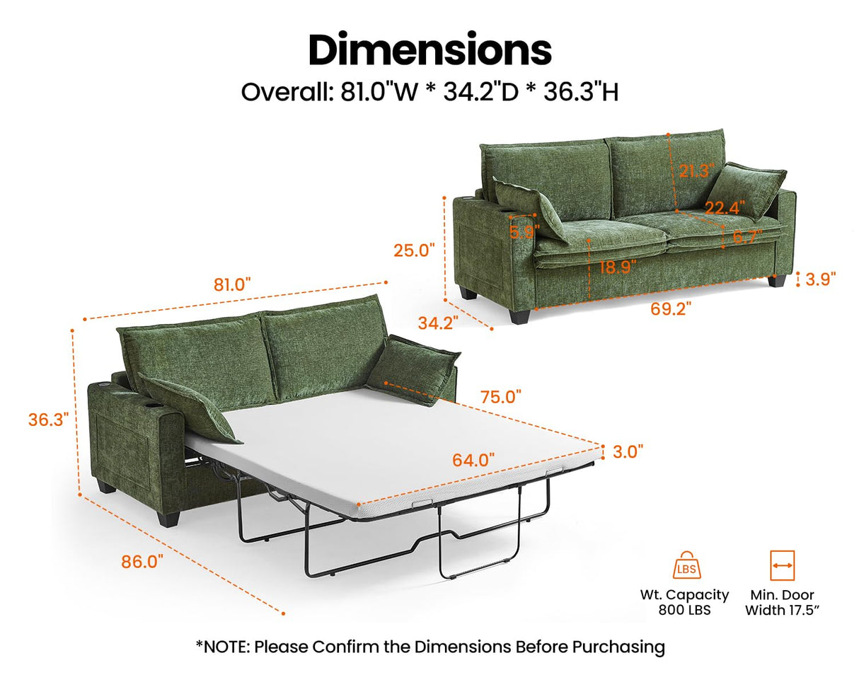 CHIC HOUSE 2-in-1 Pull-Out Sofa Bed, Convertible Chenille Sofa with 20W Fast Charging, LED Light, Foam Couch Layered Cushion Trim, Full/Queen RV Sleeper Sofa, Living Room, Apartment Small Space CHIC HOUSE