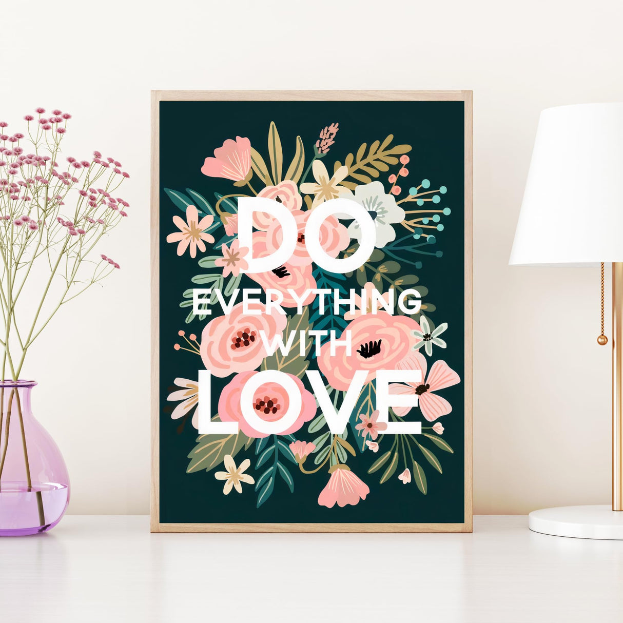 Modern Merch Flowers Diamond Art for Adults Motivational Quote and Sayings 'Do Everything with Love' Inspiring 5D Diamond Painting for Adults, Floral Wall Decor DIY Cross Stitch Round Drill 12x16 Modern Merch