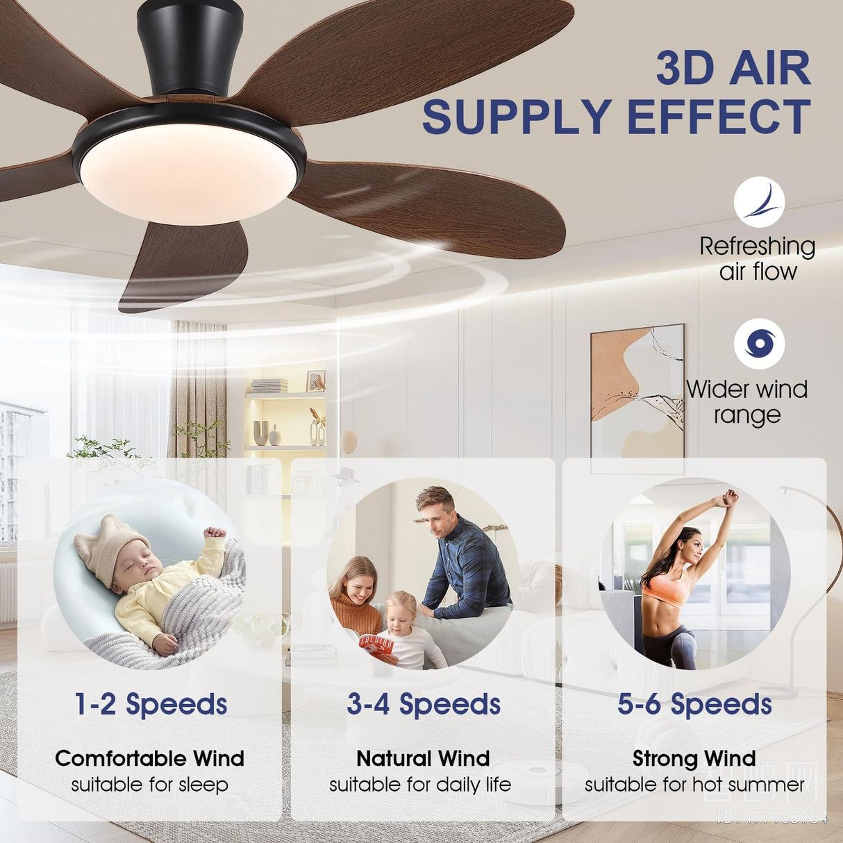 PHORUS Low Profile Ceiling Fans with Lights and Remote/APP,48 Inch Modern LED Ceiling Fans with Quiet Reversible DC Motor, Dimmable 3 Colors 6 Speeds PHORUS
