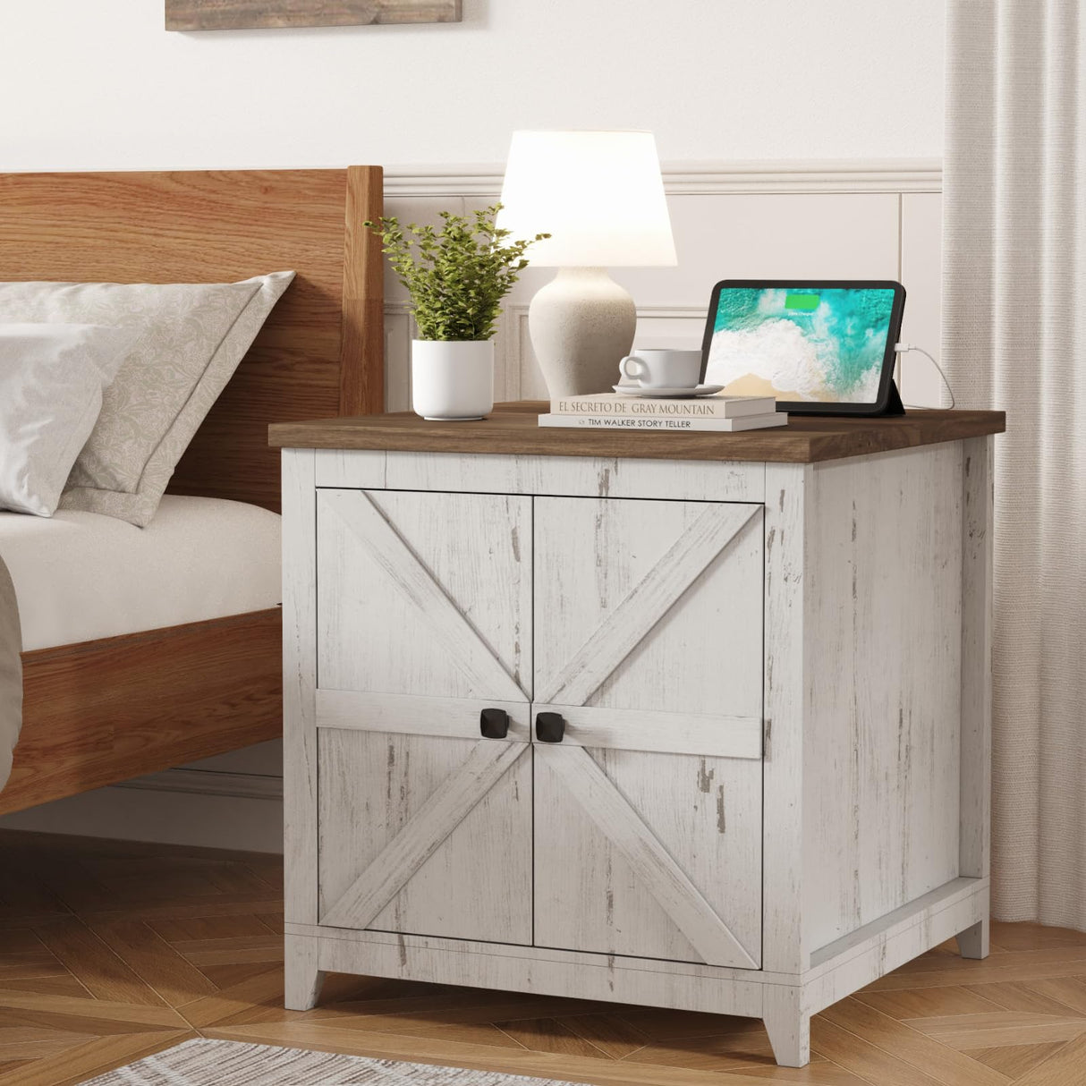 Lifewit Farmhouse End Table with Charging Station and USB Ports, 24" Large Tabletop Side Table with Double Barn Doors, Wood Square Nightstand for Living Room, Office, Bedroom, Rustic White Lifewit