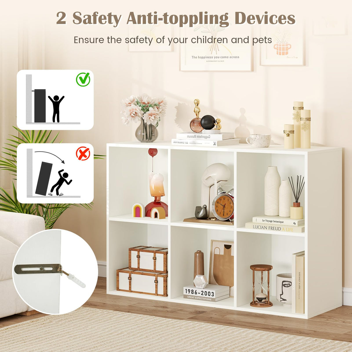 Tangkula 6-Cube Bookcase, Large Floor Standing Horizontal Bookshelf with 6 Open Shelves & 2 Anti-Tipping Kits, Home Office Wooden Storage Book Shelf for Living Room, Study (White, 6-Cube) Tangkula