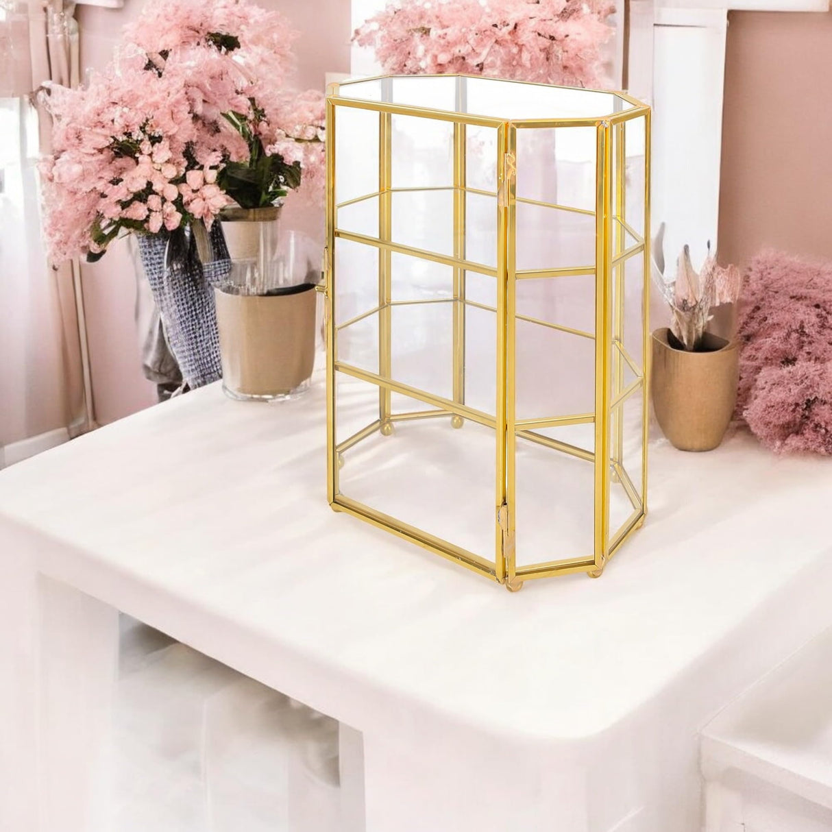 BuleVina Glass Jewelry Display Case 6.7x4x8.4 inches Small Cabinet, 3-Tier Geometric Box Keepsake Trinket for Rings, Earrings, Crystals, Makeup Organizer, Multifunction Table Decoration Storage BuleVina