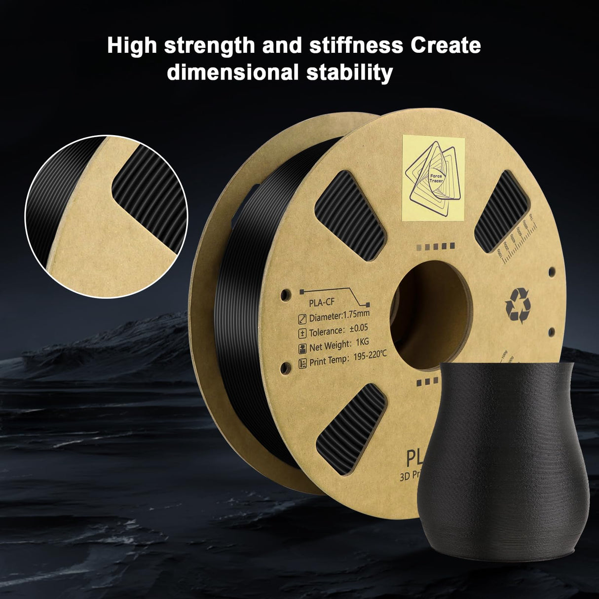 Carbon Fiber Filament 1.75mm - Reinforced 3D Printer Filament - Black pla 3D Filament - PLA-CF 1.75 Filament - 340m Spool (2.2 LBS) for 3D Printers Force Tracer