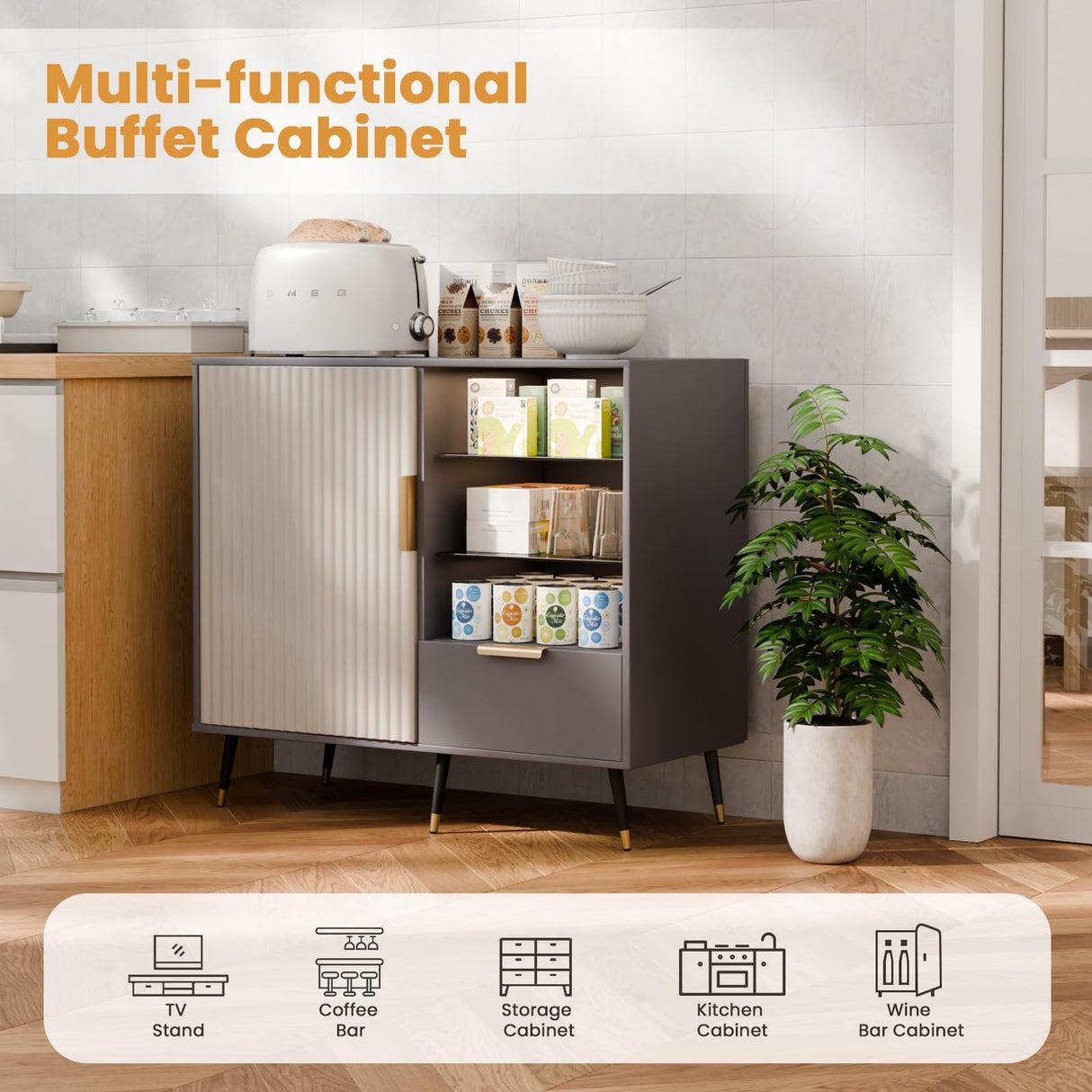 MODNEST 31" Fluted Sideboard Cabinet with Door and Drawer, Sideboard Buffet Cabinet with Storage, Coffee Bar with Adjustable Shelves for Kitchen, Living Room, Entryway, 31.5"x15.7"x31.5", Grey MODNEST