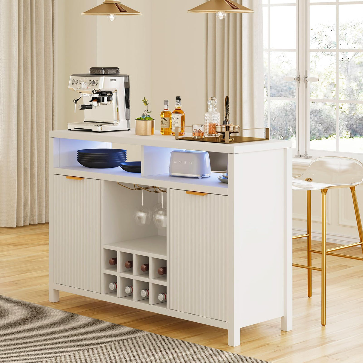 Fluted Home Bar Wine Cabinet with LED Light, Charging Station, Wine Rack - Buffet Cabinet with Storage, Coffee Bar Table, Stylish Fluted Credenza Cabinet for Modern Home Kitchen 47.2" White Svimi