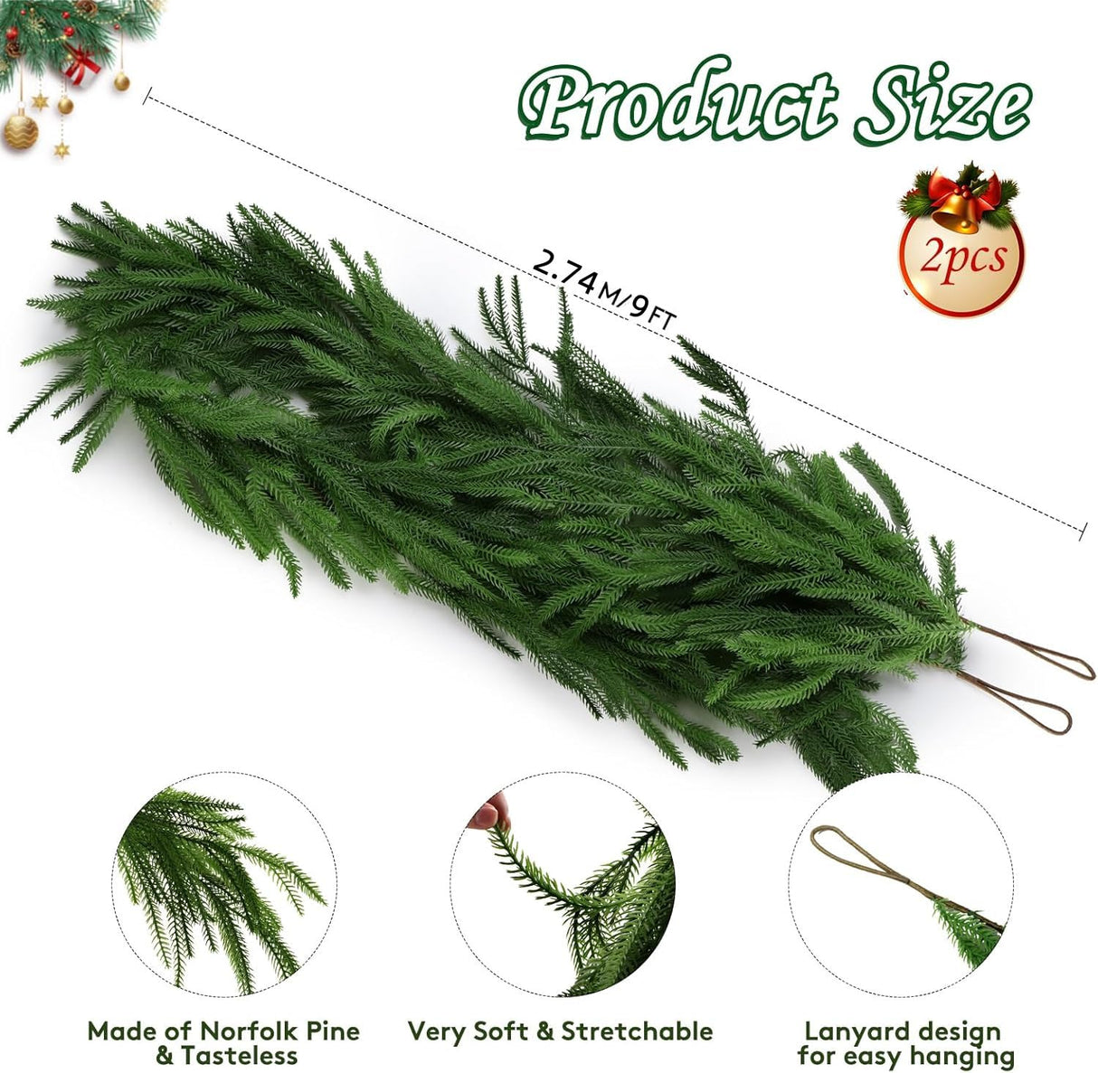 2 Pack Christmas Norfolk Pine Garlands 9FT, Real Touch Artificial Greenery Garland – Full Evergreen Pine Garland for Mantle, Fireplace, Table, Wall, Stairs & Outdoor Holiday Décor Geegoods