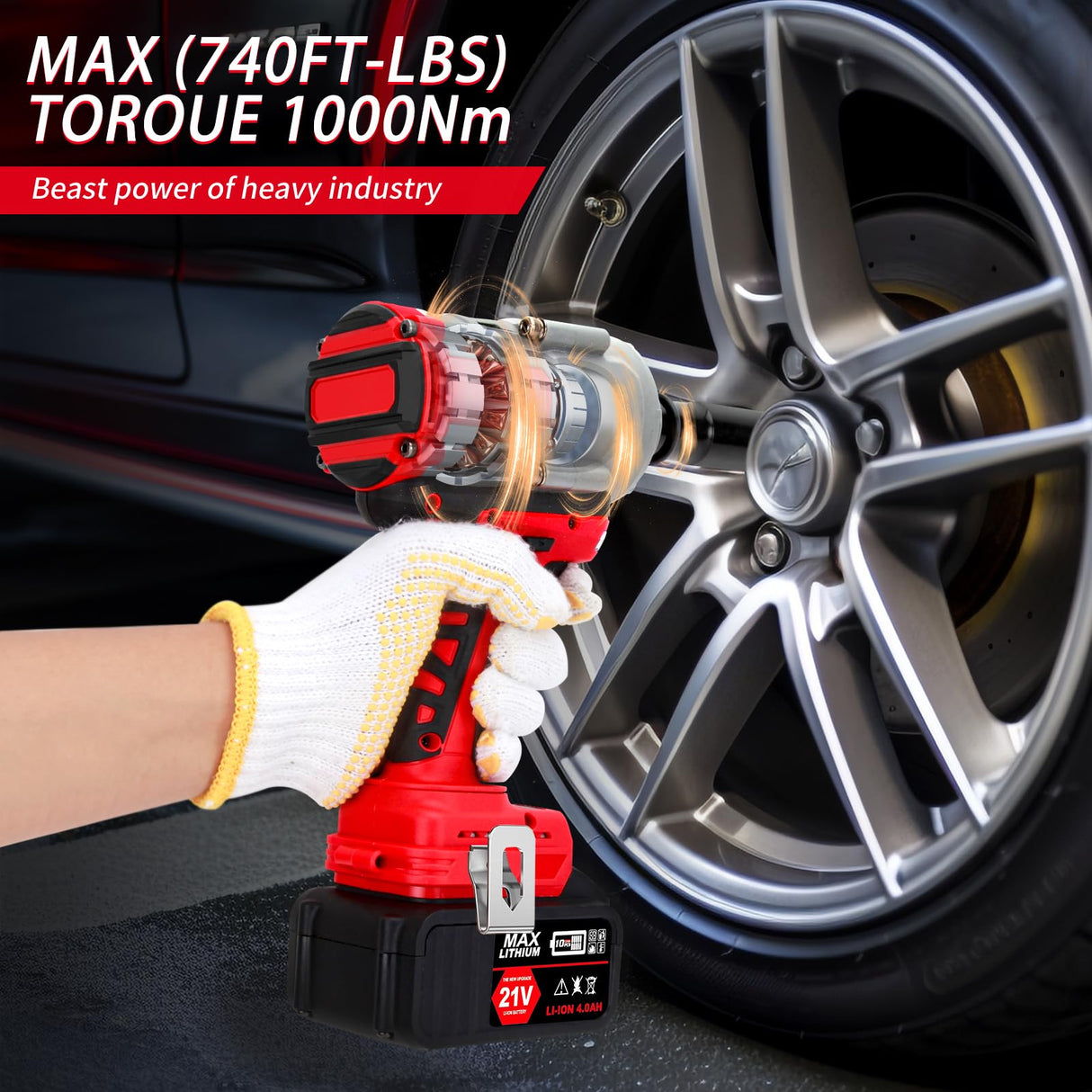 Canbrake 1000N.m(740ft-lbs) Cordless Impact Wrench,21V 1/2 Inch High Torque Impact Gun with 2 x 4.0Ah Batteries,Fast Charger & 5 Sockets,Electric Impact Variable Speeds for Car Truck Mower Home Canbrake