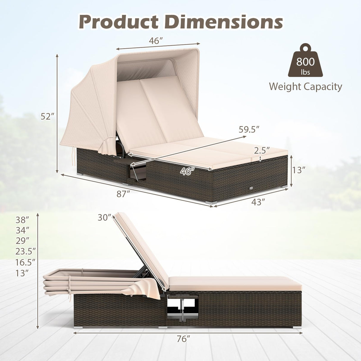 RELAX4LIFE Outdoor Daybed with Retractable Canopy - Wicker Double Chaise Lounge w/6-Position Backrest, 2 Folding Side Trays & Cushions, 2-Seater Loveseat Sunbed for Backyard, Rattan Patio Bed Lounger RELAX4LIFE