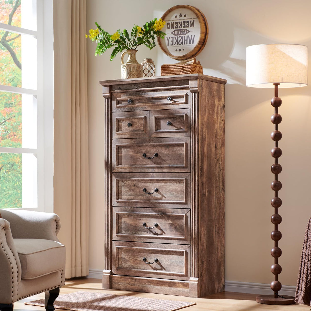 Aitjunz Farmhouse 7 Drawers Dresser for Bedroom, 57" Tall Large Dressers & Chests of Drawers w/Roman Column, Storage Dressers Organizer for Bedroom, Hallway, Living Room, Light Brown Aitjunz
