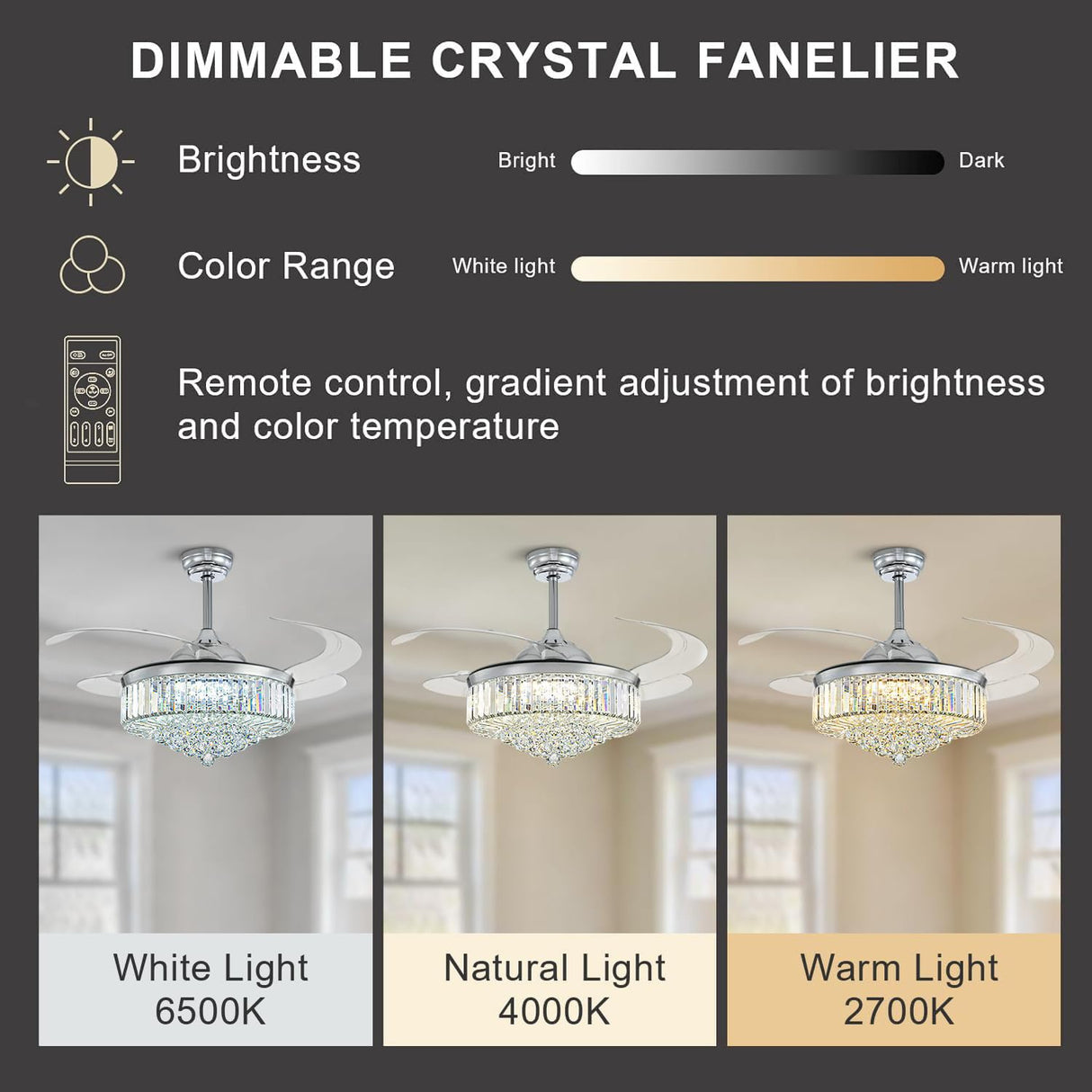 Moooni Modern 48 Inch Dimmable Crystal Fandelier, Retractable Blades Ceiling Fans with Light and Remote, Invisible LED Ceiling Fan Light Kit for Bedroom-Polished Chrome Moooni