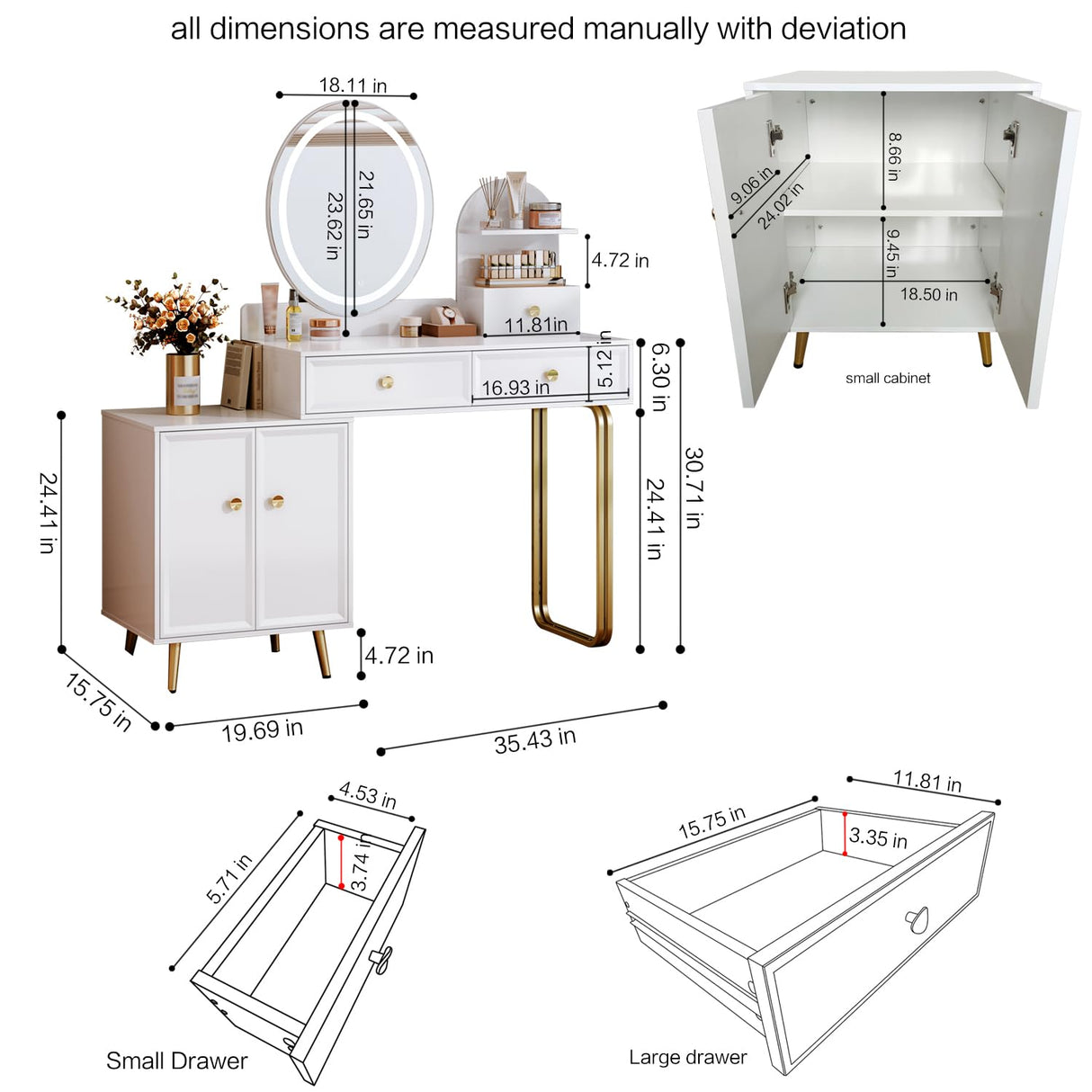 Chrangmay White,Vanity Desk with Mirror and Lights,Small Makeup Vanity with 2 Spacious Drawers,Modern Makeup Table with Adjustable Cabinet for Bedroom,Makeup Room,Writing Desk,Cheap Chrangmay