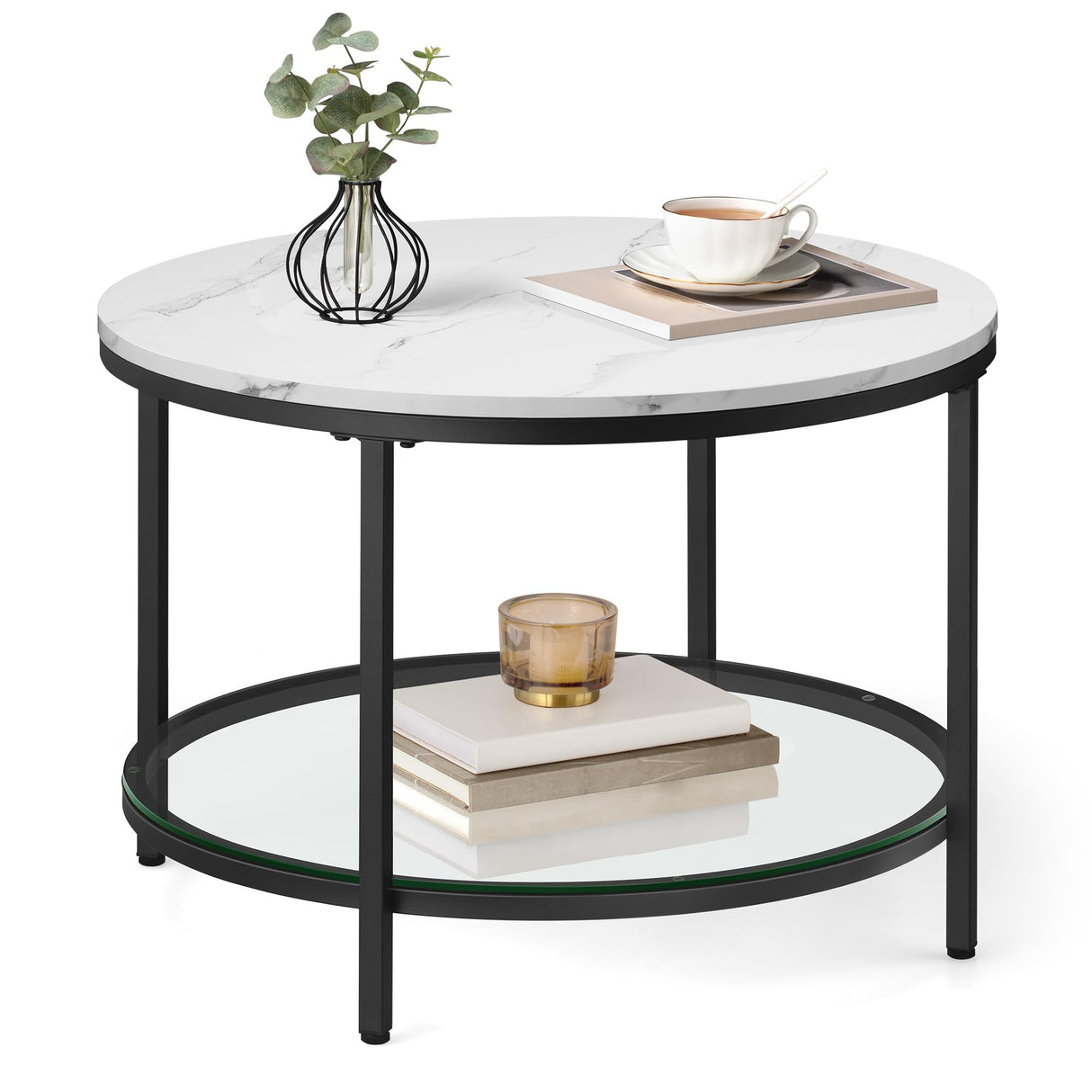 VASAGLE Round Coffee Table, Small Coffee Table with Faux Marble Top and Glass Storage Shelf, 2-Tier Circle Coffee Table, Modern Center Table for Living Room, Marble White and Ink Black ULCT072W13 VASAGLE