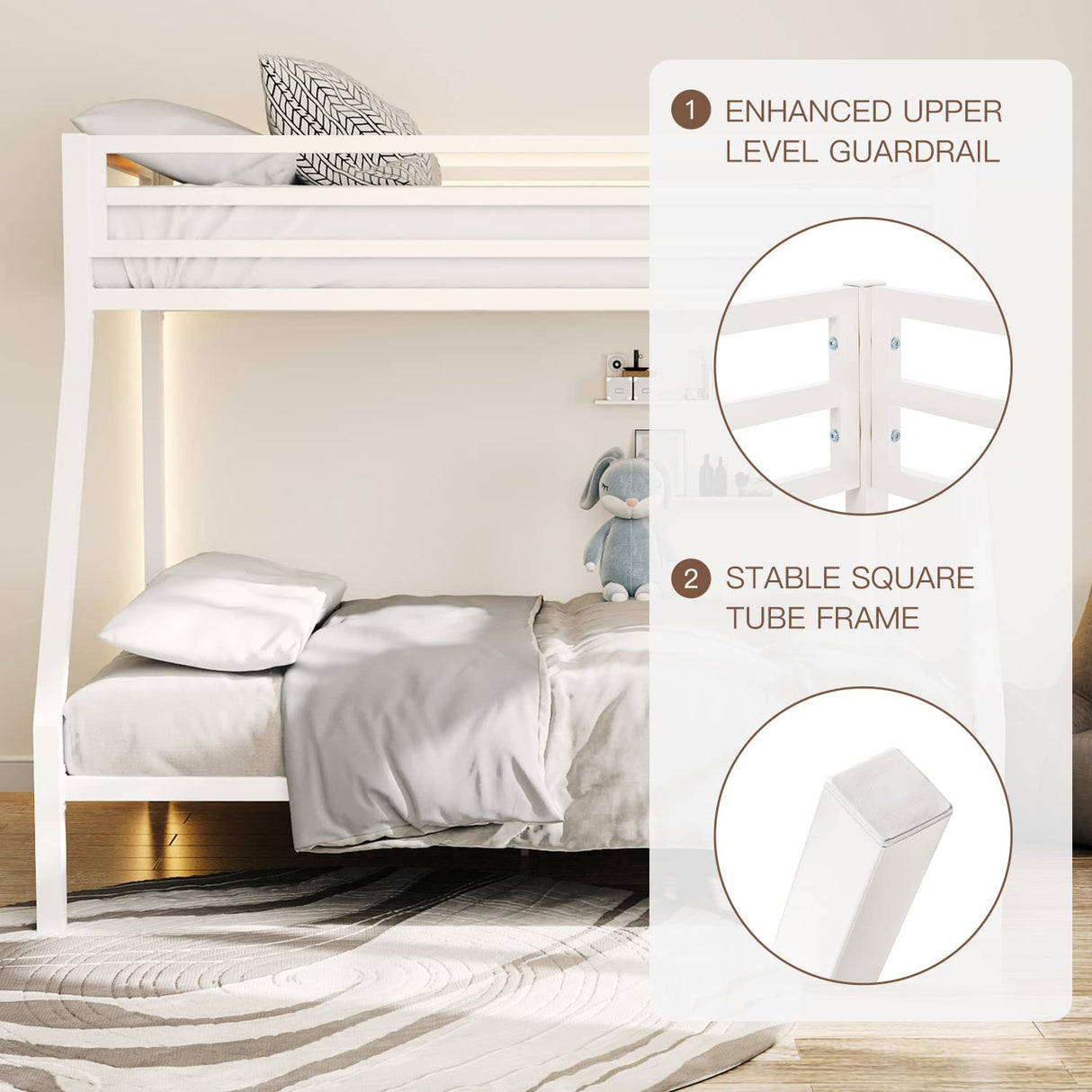 ikalido Metal Loft Bunk Bed Twin Over Full Size with Safety Guardrail and Ladder, No Box Spring Needed Space Saving Bedroom Furniture, Cream White ikalido