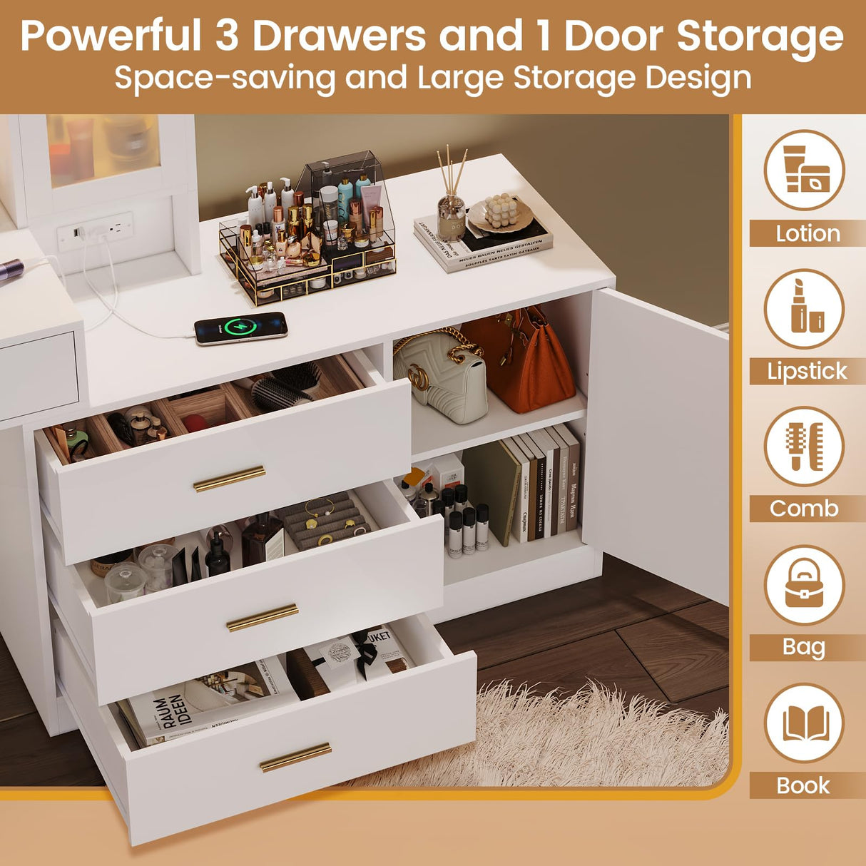 HAUOMS White Makeup Vanity with Lights Vanity Desk with Mirror, Large Vanity Table Set with Drawer Dresser, Charging Station & RGB Cabinets, Makeup Table with 5 Drawers and Storage Shelves, White HAUOMS