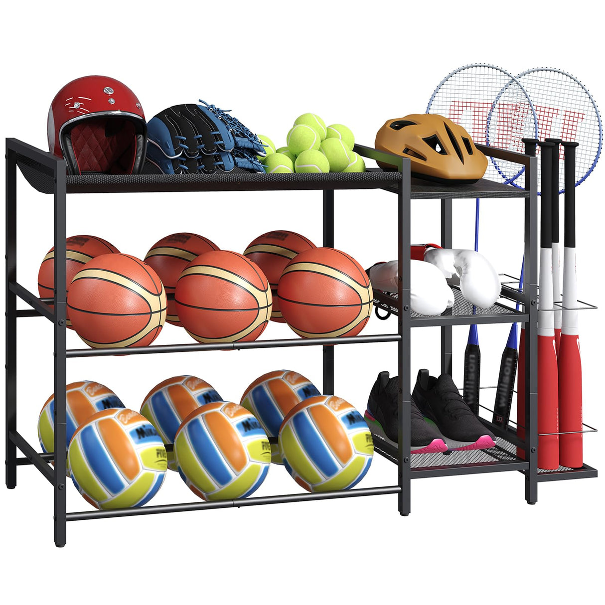 MAHANCRIS Sports Equipment Organizer, 3 Tier Ball Storage Rack with Baseball Bat Holder, Indoor & Outdoor Basketball Racks for Volleyball, Football, Garage Organizer with Sheleves, Black BEHR17301 MAHANCRIS