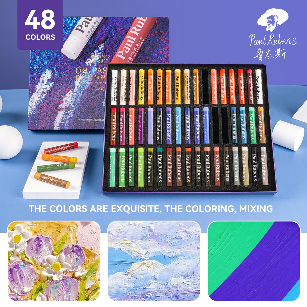 Paul Rubens Oil Pastels Set with 50 Colors Artist Soft Oil Pastels+6 Pcs White Oil Pastels+8.7 x 11.7 Inches Oil Pastel Book(30 Sheets)+5 Palette Knives for Artists, Professionals, Student, Hobbyist Paul Rubens