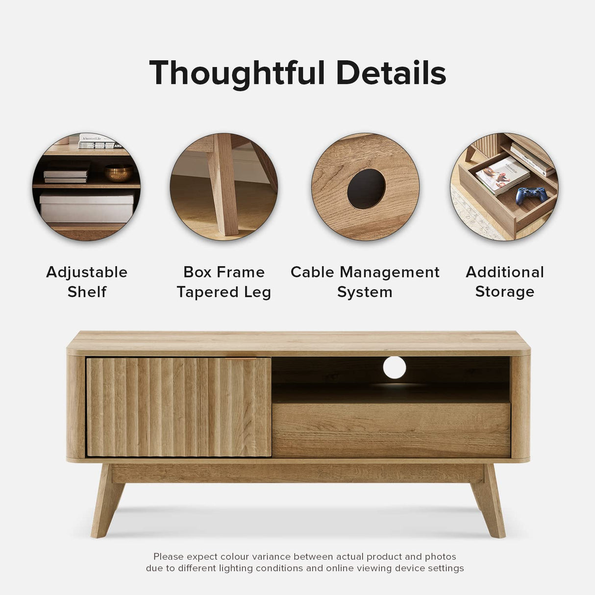 mopio Brooklyn Mid-Century Modern TV Stand, for TVs up to 50” Waveform Panel, Sleek Curved Profile with Adjustable Shelf and Sturdy Box Frame Leg (Golden Oak, 47") mopio