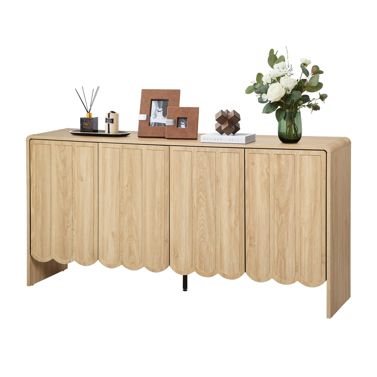 ORRD Sideboard Buffet Cabinet, Accent Storage Cabinets with 4 Doors, Farmhouse Wood Cabinet with Adjustable Shelves and Wave Panel for Living Room, Dining Room, Entry - Natural ORRD