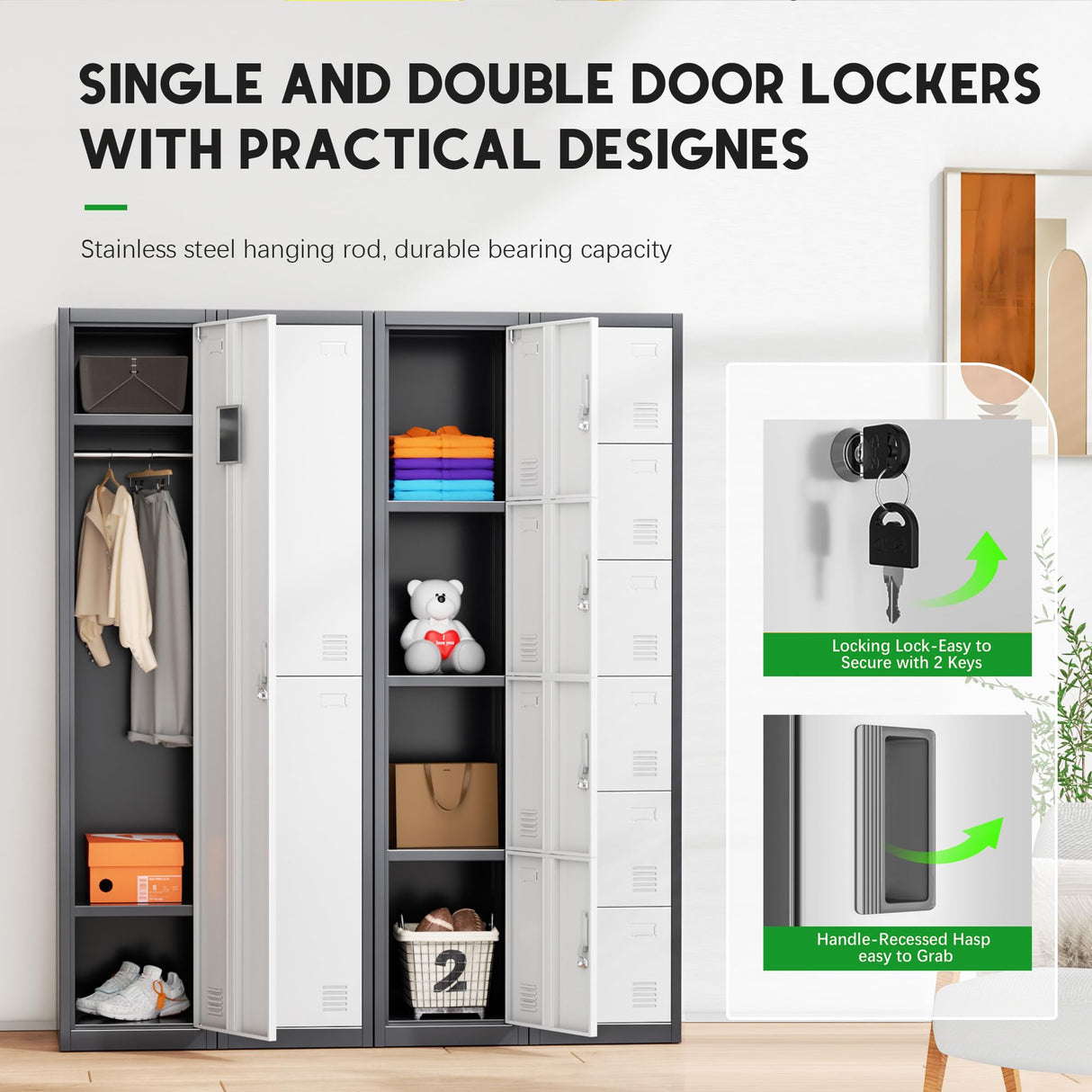 INTERGREAT Metal Locker for Employees with 4 Doors,(72") Steel Locker Storage Cabinet with 4 Tiers,Tall Office Storage Lockers for Home Office,School,Gym (Grey White) INTERGREAT