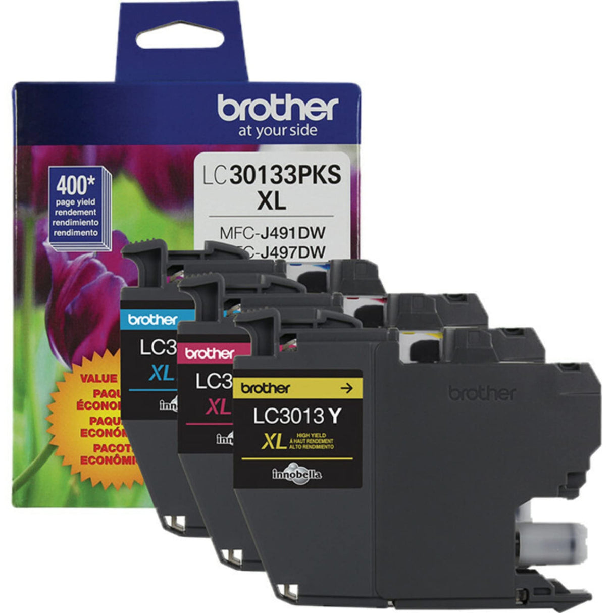 Brother Printer Genuine LC30133PKS 3 Count(Pack of 1) High Yield Color Ink Cartridges, Page Yield Up to 400 Pages/Cartridge, Includes Cyan, Magenta and Yellow, LC3013 Brother