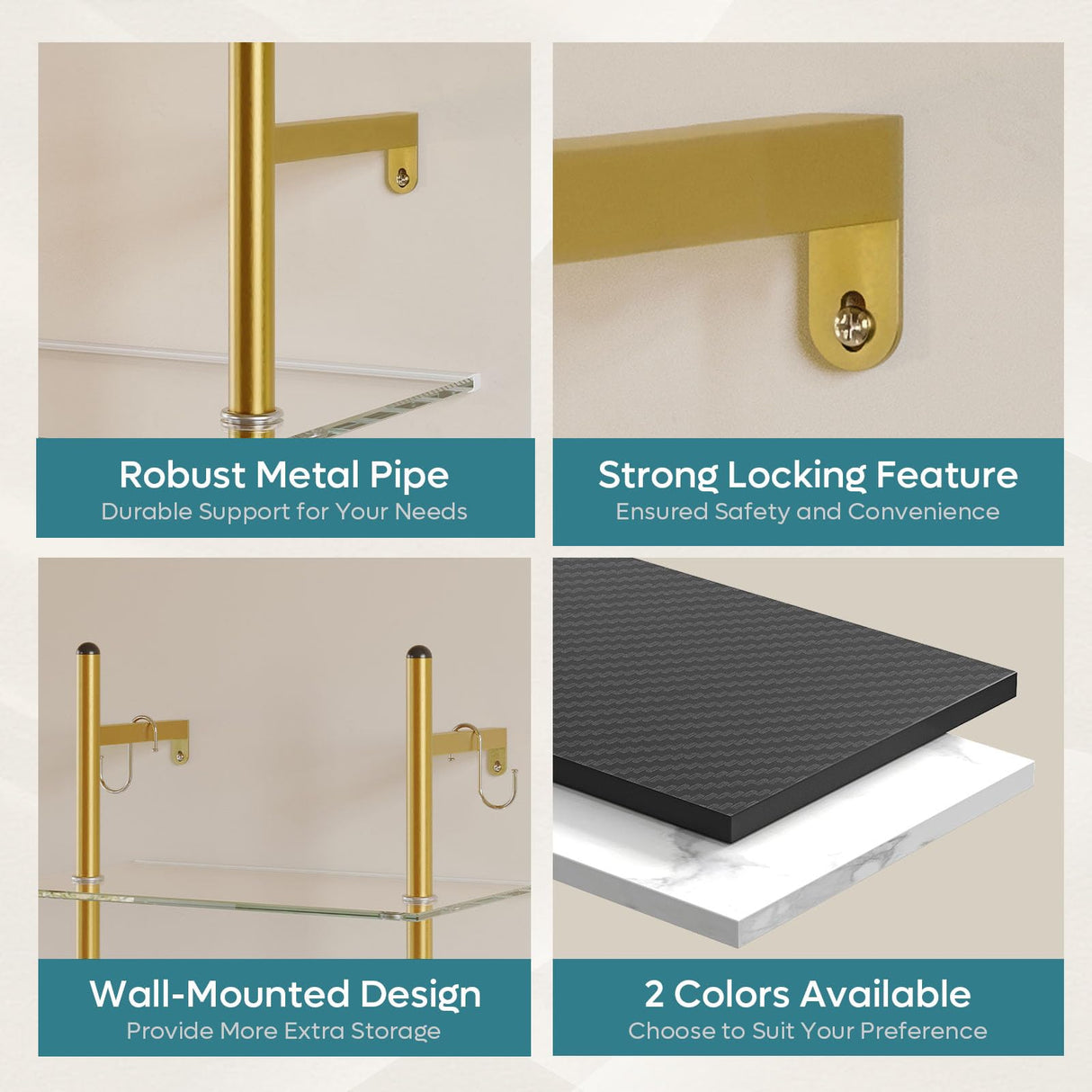 Bestier LED Floating Shelves for Wall, 15" Kitchen Shelves Wall Mounted 2 Tier Shelf with Tower Bar & 6 S-Hooks, Pipe Hanging Shelves Wall Decor for Bathroom Bedroom, White Marble Bestier