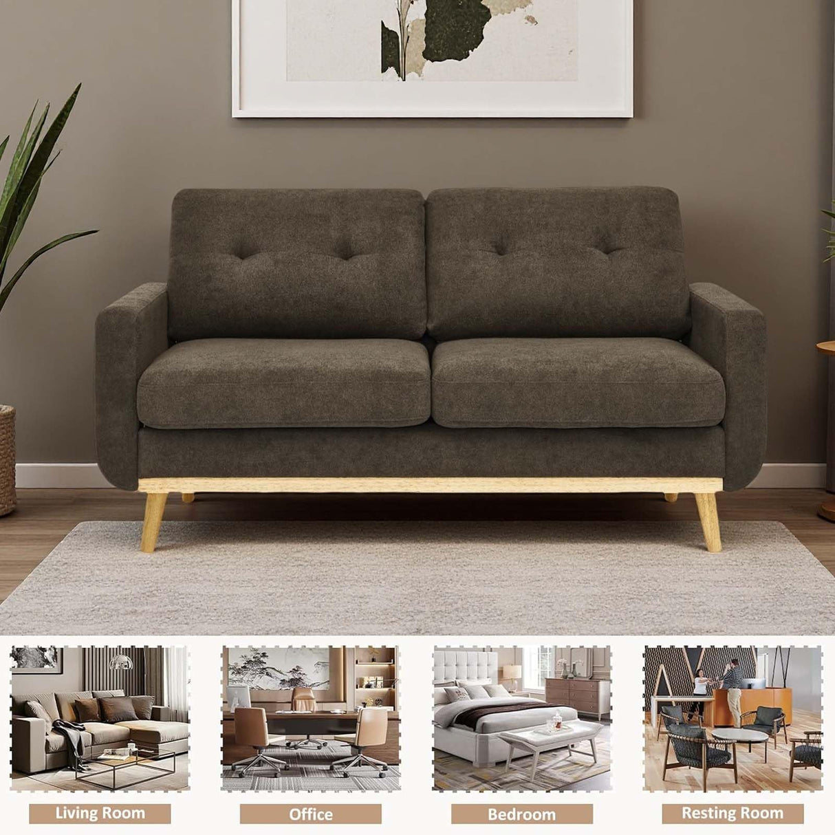 Japovker 67.7" Mid-Century Modern Loveseat Sofa, 2-Seat Mini Upholstered Love Seat Couch, Comfy Small Couch with Wooden Legs and Tufted Back for Living Room Bedroom Office Apartment(Brown) Japovker