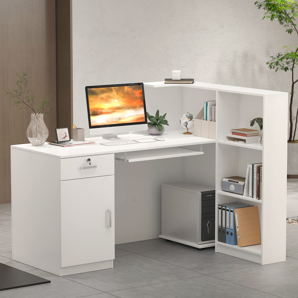 AIEGLE Reception Desk with Hutch, Reception Counter Desk with Lockable Drawers & Shelves, for Salon Recetion Room Retail Counter Checkout Office, White (55.1" W x 43.3" D x 43.3" H) AIEGLE