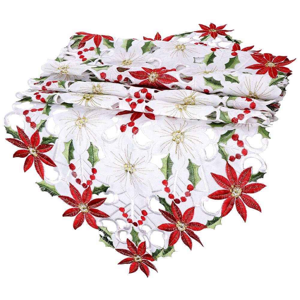 OurWarm Christmas Embroidered Table Runners Poinsettia Holly Leaf Table Linens for Christmas Decorations 15 x 70 Inch OurWarm