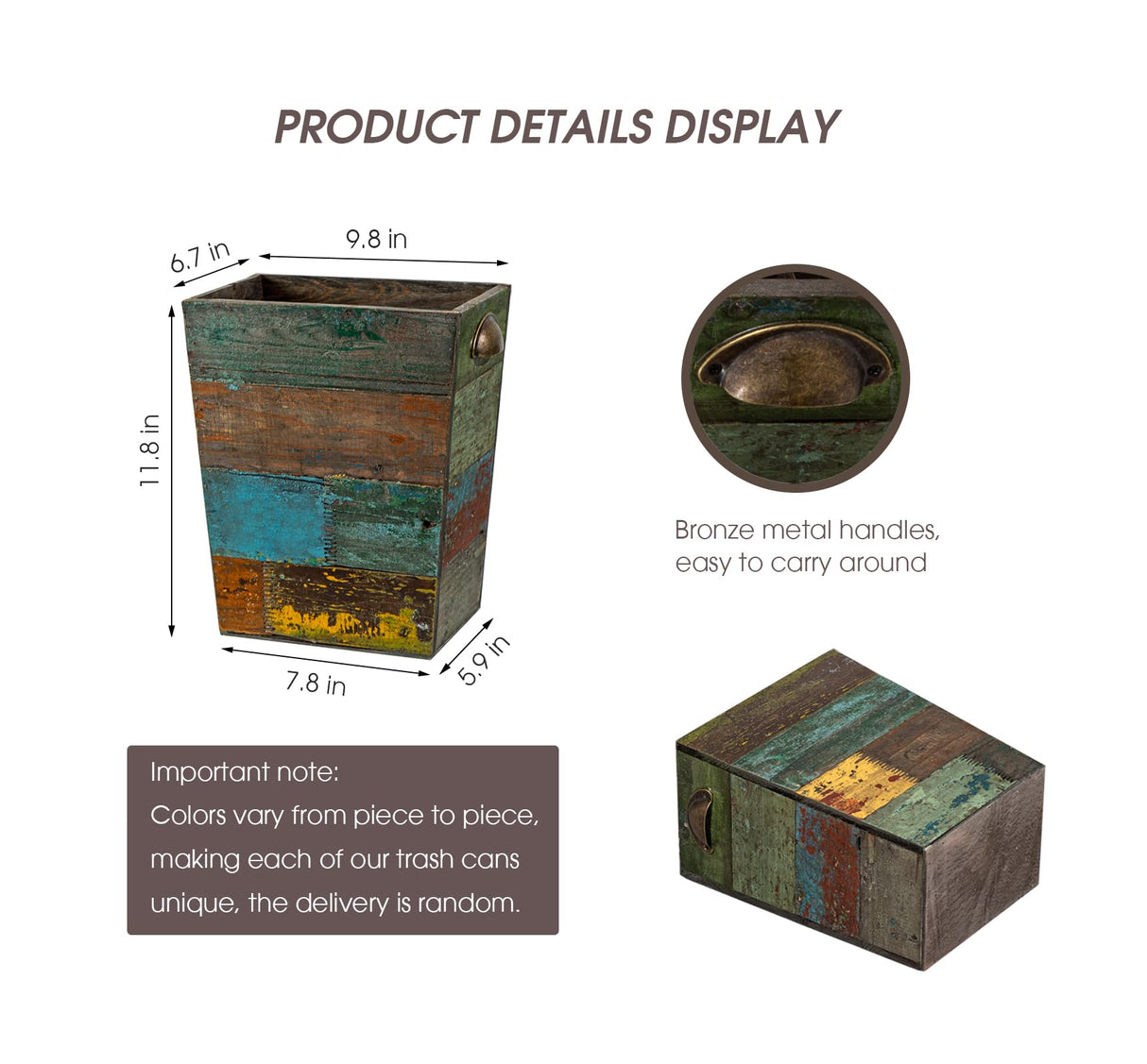 TIMRIS Small Wood Trash Can Wastebasket, Farmhouse Rectangular Garbage Can Waste Basket, Rustic Distressed Boho Wooden Trash Recycling Bin with Metal Handles, Reclaimed Wood Storage Basket (Random) TIMRIS