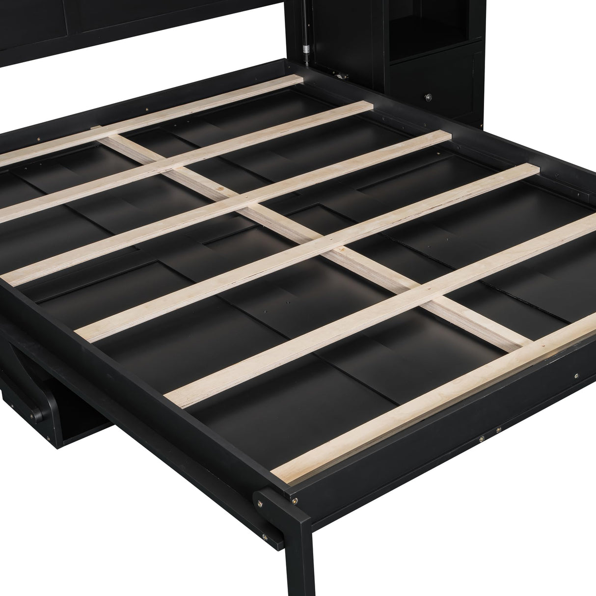 LUMISOL Queen Size Murphy Bed, Murphy Bed Cabinet with Storage Shelves, Cabinets, Drawers and LED Lights, Folding Wall Bed Frame for Guestroom, Apartment, Small Space, Black LUMISOL
