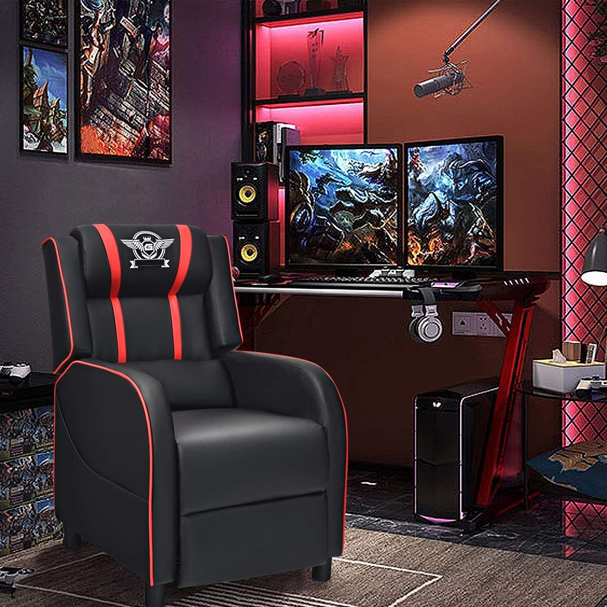 BUSHLY Adjustable Gaming Recliner Chair, Racing Style Massage Single Sofa with Headrest & Lumbar Pillow, PU Leather Video Recliner for Home, Movie Theater, Living Room, Game Room (Red) WoodArtSupply
