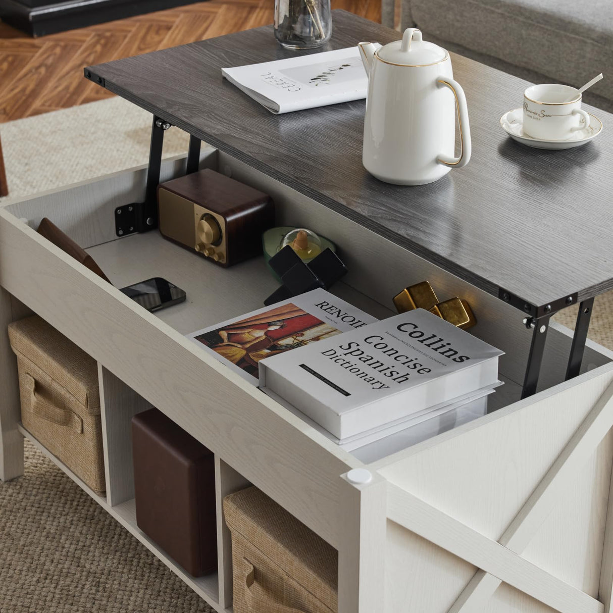 VINGLI Lift Top Coffee Table, Charcoal Top with White Frame, Farmhouse Cross-Sided Design, with Storage Shelf/Hidden Compartment, Gas Lift Mesa De Centro para Sala Pop Up Coffee Table VINGLI
