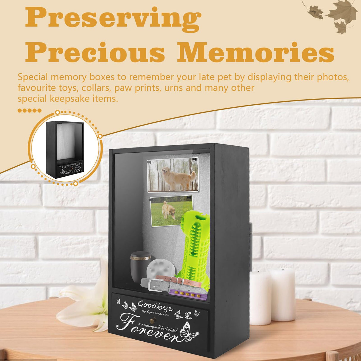 Pet Memorial Shadow Box, Pet Urn Ashes Display Case with Drawer, Dog Memorial Picture Frame Display Case, Pet Memorial Gifts for Loss of Dog with Pet Paw Print Set (Black) Quxddy