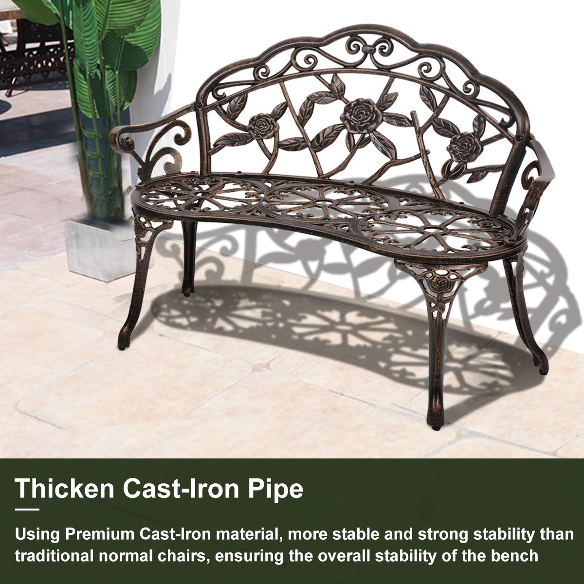 Patio Garden Bench Outdoor Metal Rose Loveseat,39in Cast Iron Well-Crafted Floral Back Antique Finish Park Chair,Accented Lawn Front Porch Path Yard Bronze Decor Deck Furniture for 2|Easy Assembly Meet perfect