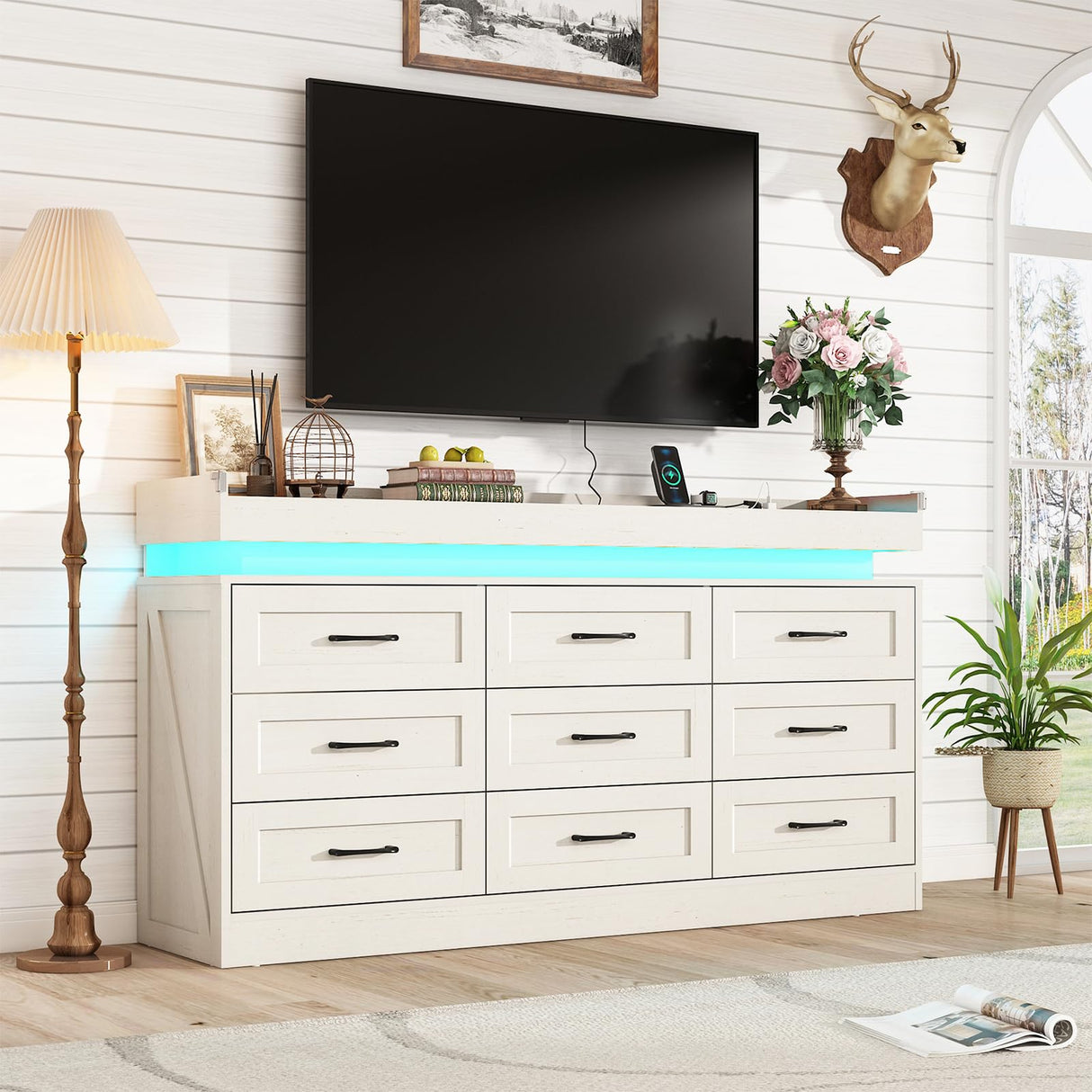 Hlivelood Large Farmhouse 9 Drawers Dresser for Bedroom with LED Light and Power Outlets,63" Wide Wood Rustic 9 Chests of Drawers for Closet,Tall Storage Dresser Organizer for Bedroom(Antique White) Hlivelood