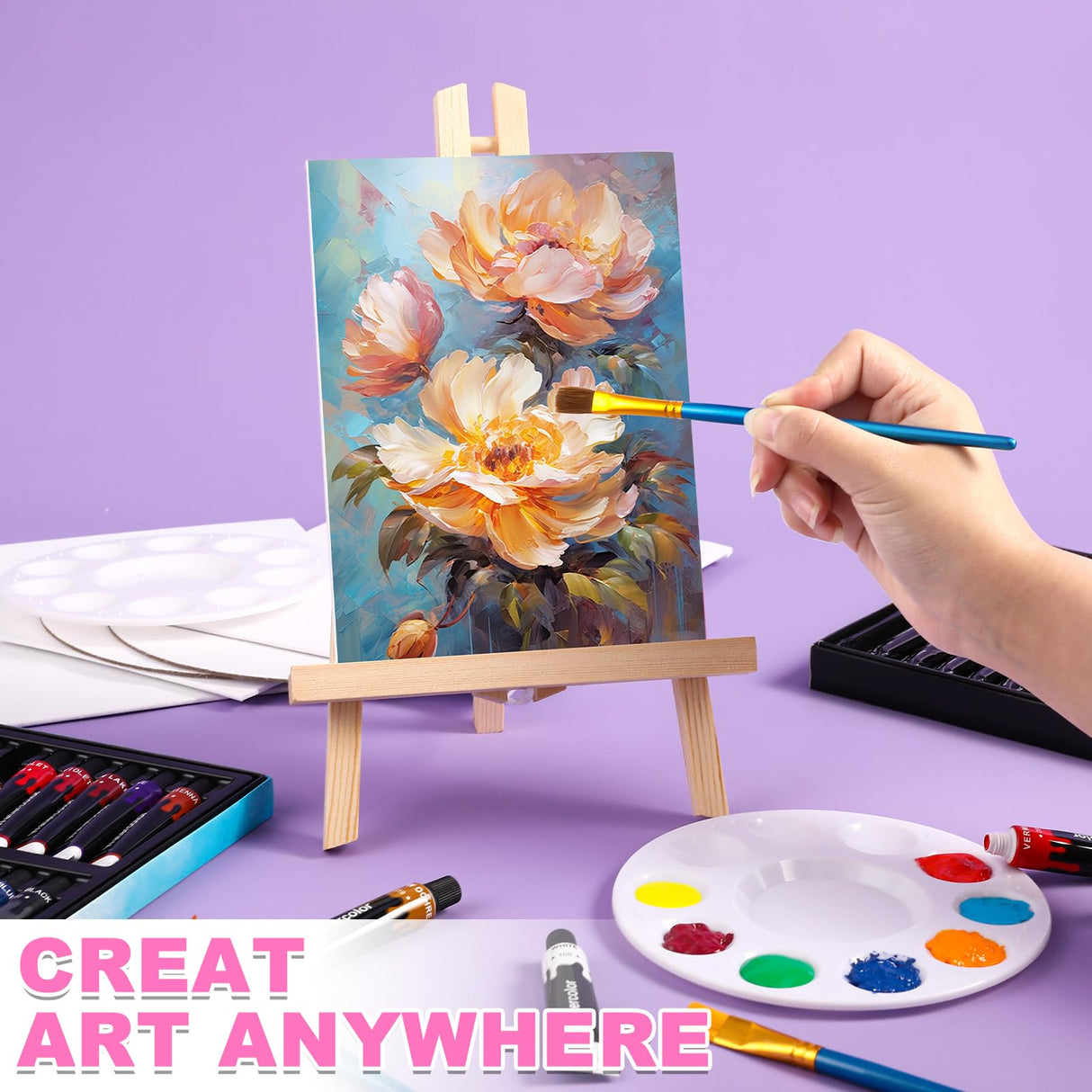 ESRICH 77PCS Professional Painting Set, Acrylic Paint, Watercolor Paint, with 1 Wood Easel, 48Colors, Brushes, Canvases, Painting Supplies Kit for Kids,Students, Artists and Beginner ESRICH