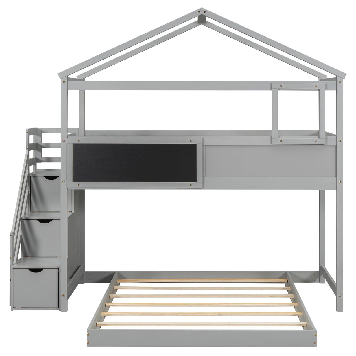 Harper & Bright Designs House Bunk Bed with Stairs,Twin Over Full Bunk Beds with Blackboard,Wood Kids Floor Bunk Bed Frame with Storage Shelves,Space-Saving Design, Gray Harper & Bright Designs