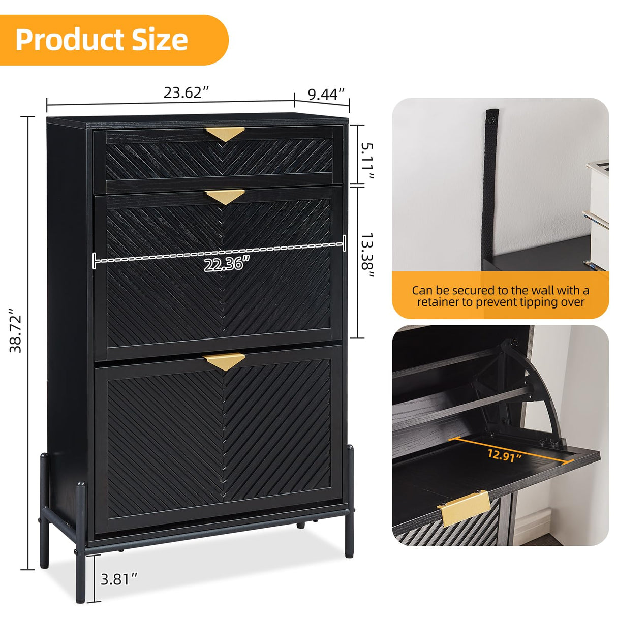 HUSHEDIFY Shoe Cabinet Storage with 2 Flip Drawers, Narrow Hidden Shoes Organizer Cabinet for Entryway, Freestanding Slim Shoe Rack Front Door Entrance(Black) HUSHEDIFY