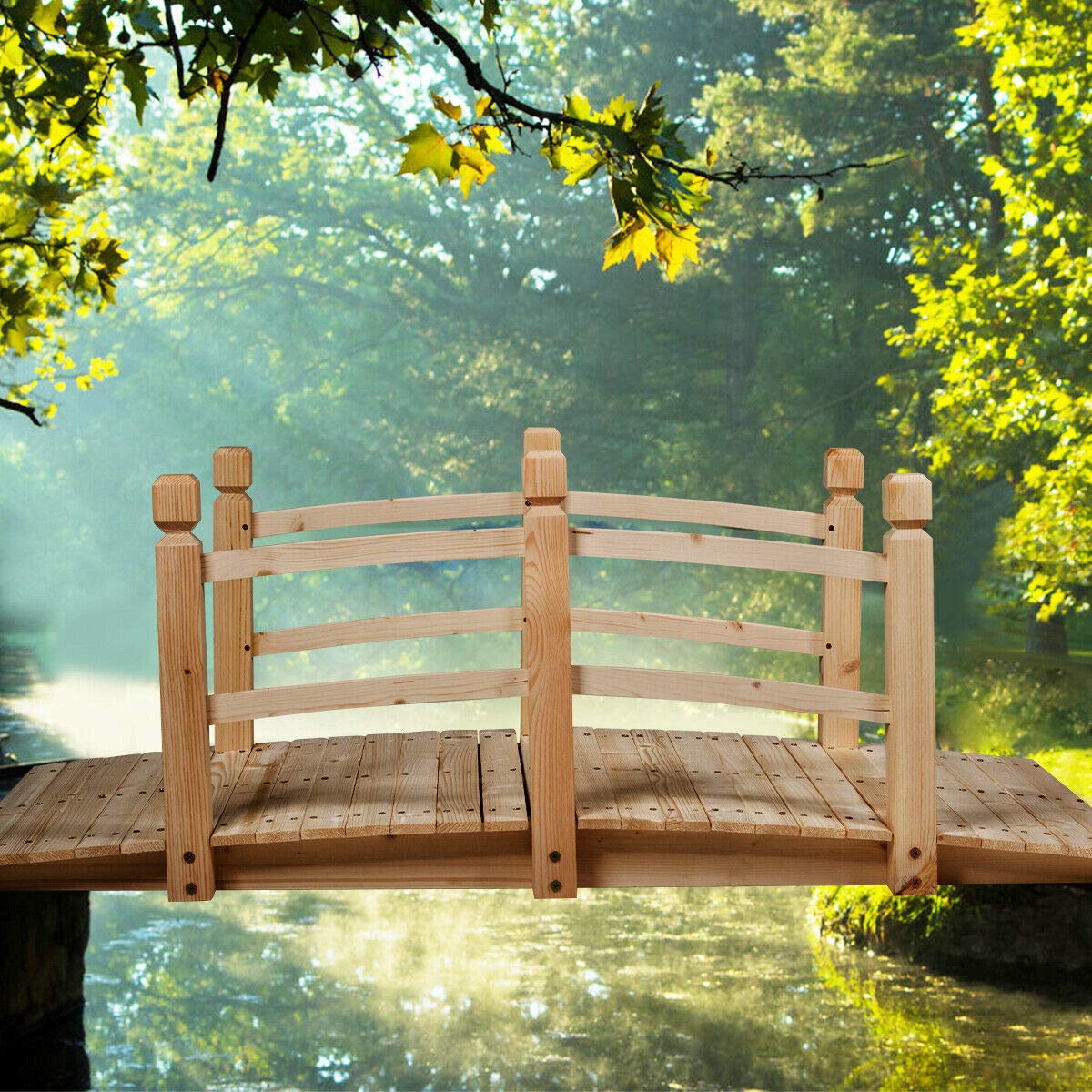 HAPPYGRILL 5-Feet Wooden Bridge Natural Wood Garden Bridge Pond Bridge with Guardrails for Garden Backyard Decoration HAPPYGRILL