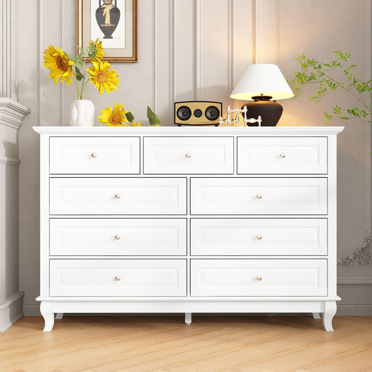 TAMUNE Chest of Drawers 9 Drawer Dresser for Bedroom, Modern White Dresser with Silver Knobs, Wide 9 Drawer Chest with Wood Legs for Bedroom Living Room, 15.7”D x 55.1”W x 37”H TAMUNE