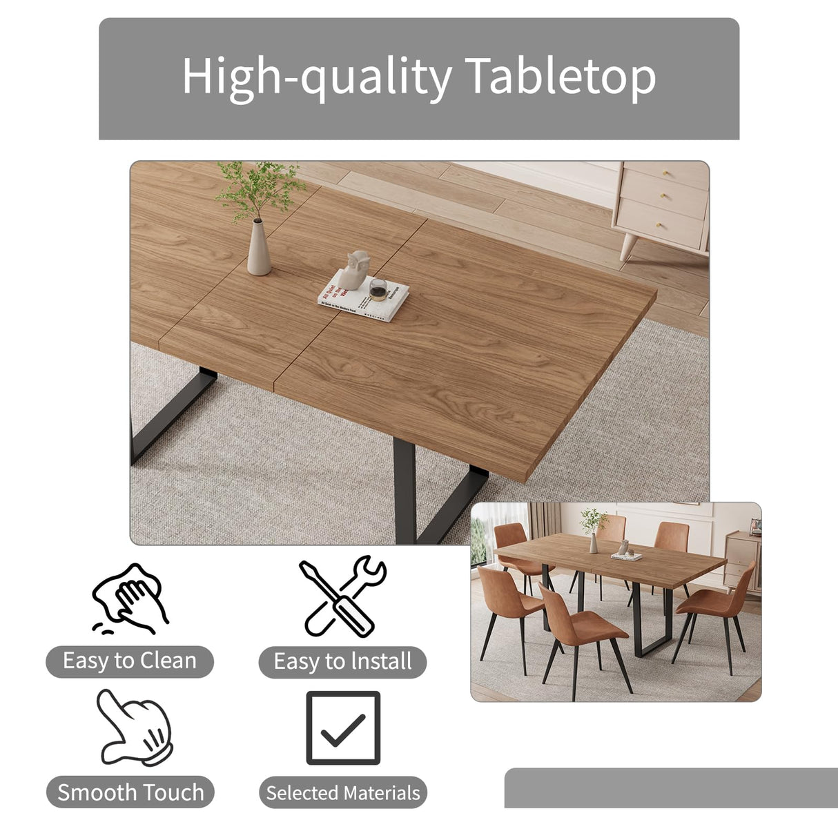 ZckyCine 67" Expandable Walnut Dining Table and 6 Upholstered Chairs, 7-Piece Dining Room Furniture Set, Mid-Century Modern Style for Home, Dining Room and Kitchen ZckyCine