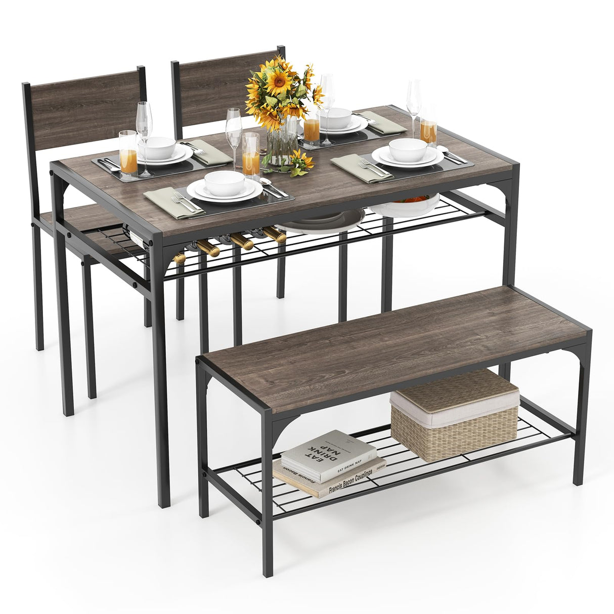 Tangkula Dining Table Set for 4, Kitchen Table and 2 Chairs for 4 with Bench, Additonal Storage Rack, 4 Piece Dining Table Set for Small Space, Apartment Tangkula