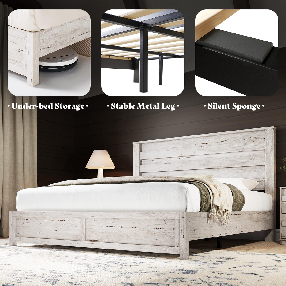 AMERLIFE Farmhouse King Size Bed Frame with 49" Fluted Headboard, Wood Platform Bed with Natural Wood Grain, No Box Spring Needed/Noise Free, Distressed White AMERLIFE