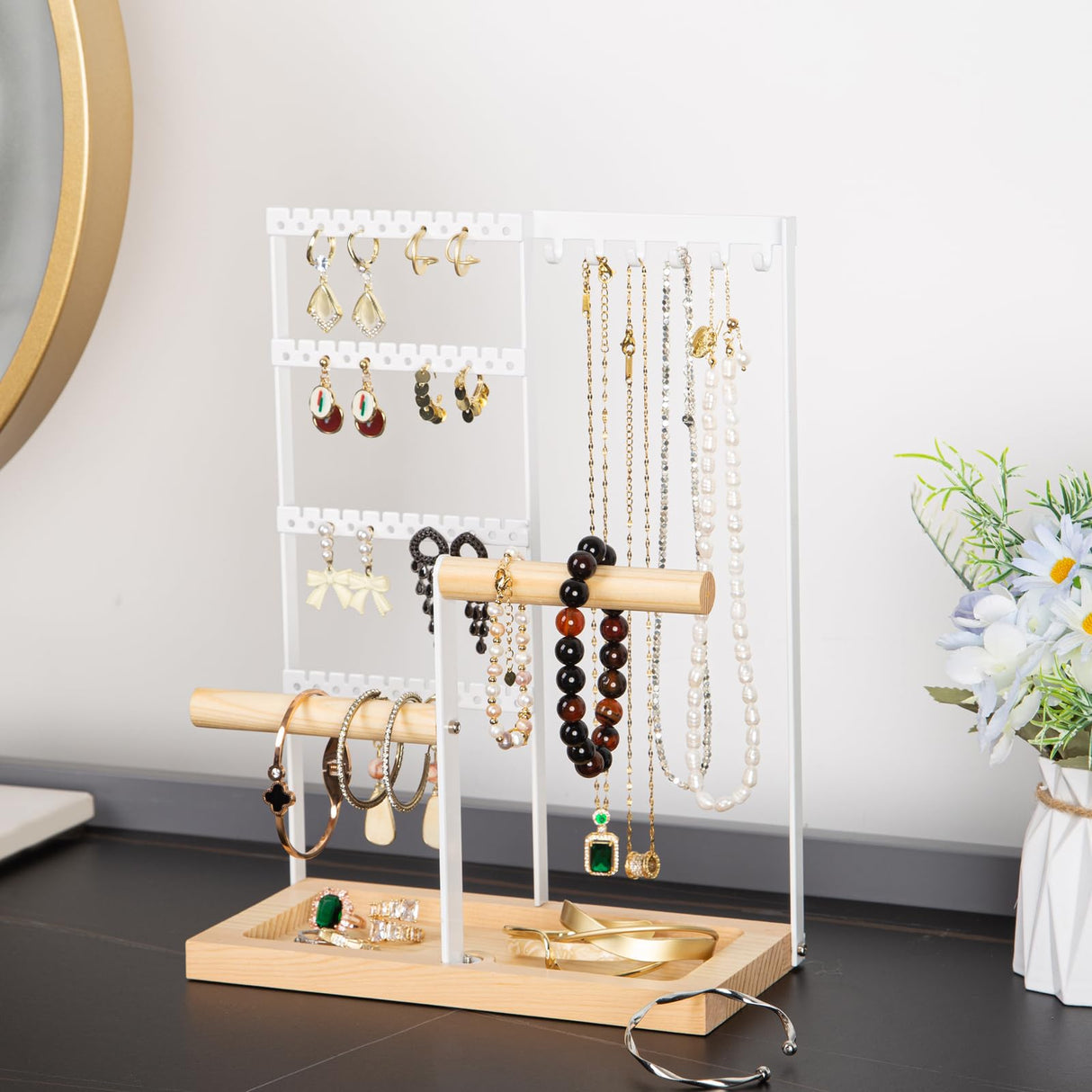 Jewelry Organizer Stand, Jewelry Holder, Lengnoy 4 Tier Earring Holder with 48 Holes and 6 Hooks Necklace Organizer Wood Box for Necklace Bracelet Earring Ring, White lengnoyp