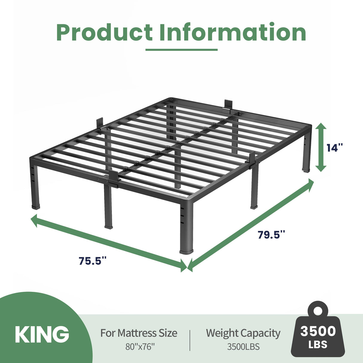 NKZ 14 Inch King Bed Frame, Sturdy Metal Platform with Round Corner Legs, 3,500 lbs Heavy Duty Steel Slat Support, Easy Assembly, Noise Free, No Box Spring Needed NKZ