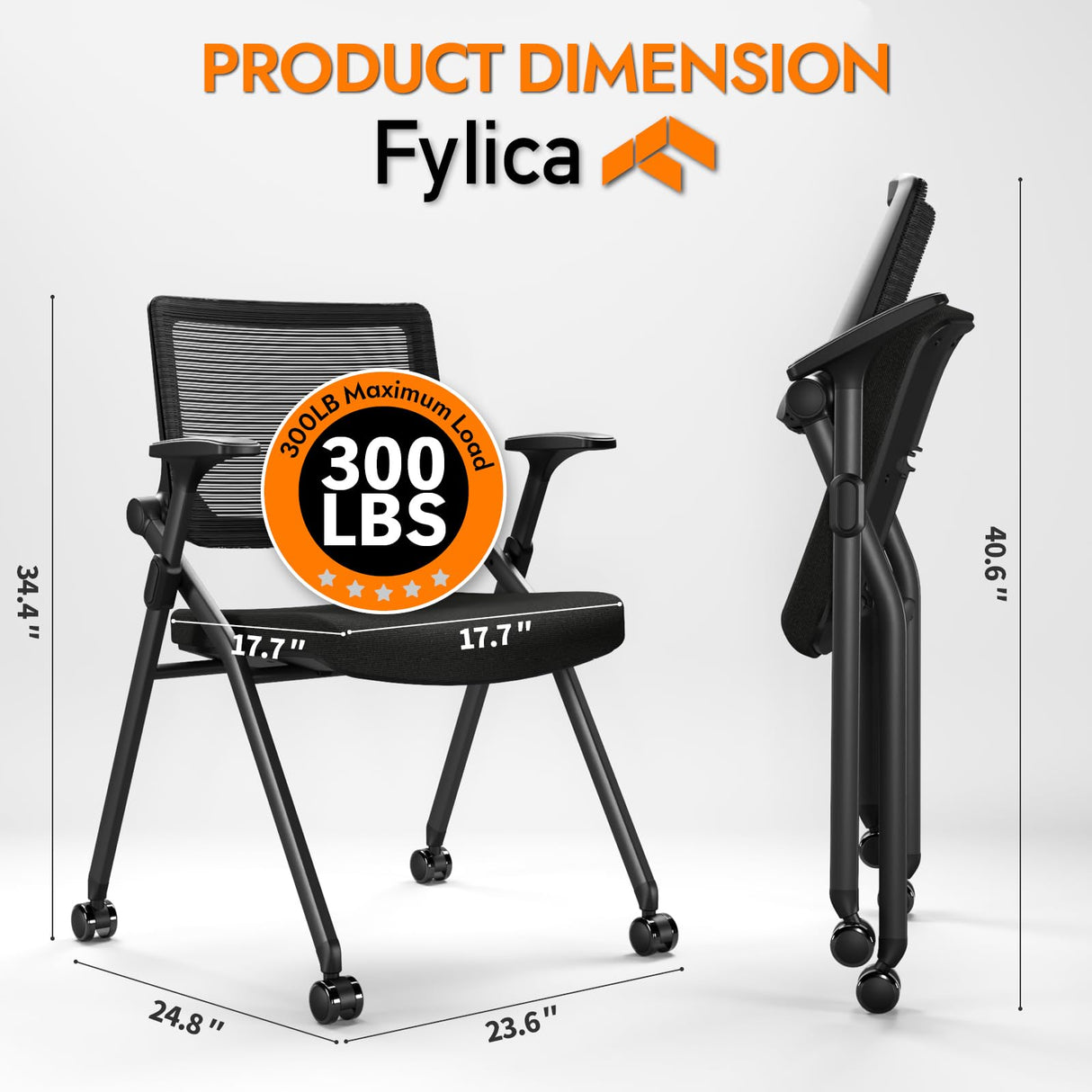 FYLICA Foldable Office Chair Set of 2 with PU Wheels Ergonomic Mesh Bouncing Back, Stackable Conference Room Chair, Office Guest & Reception & Meeting Chair (Black) FYLICA