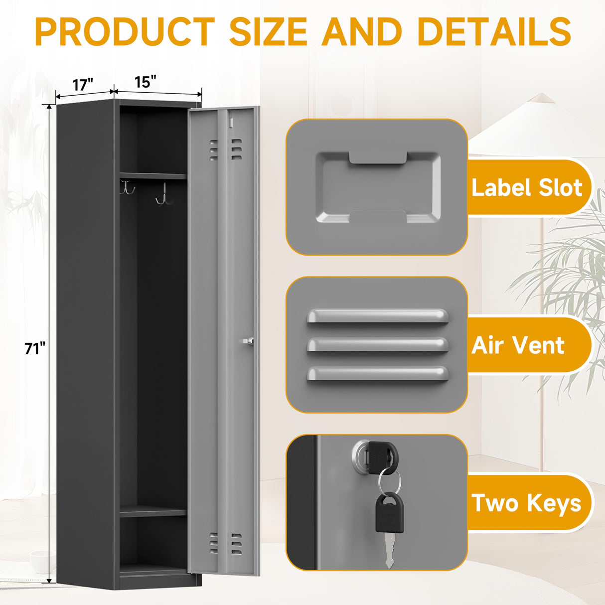 71'' Metal Locker with Keys for School,Gym,3 Tier Steel Office Storage Locker with Hook,Tall Cabinet for Employees (Black&Gray, 1-Door) Firstsky