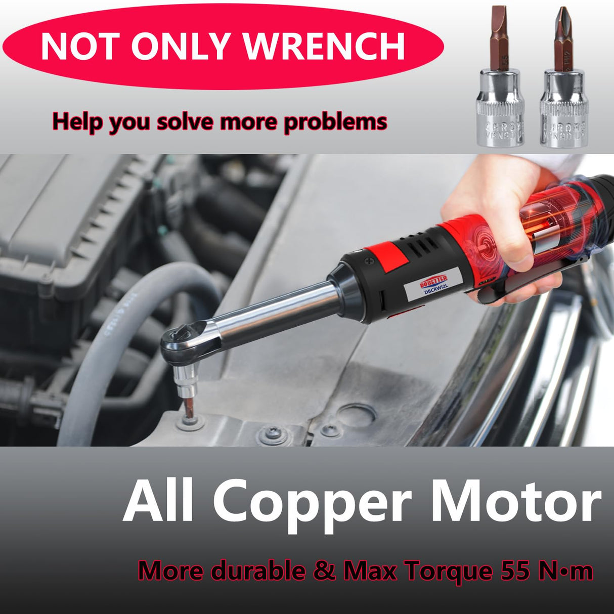 Dobetter Electric Ratchet Wrench 3/8 Cordless Ratchet Wrench Set, Extended 55 N·m Battery Powered Ratchet Tool with 7 Sockets, 2 Screwdrivers, 1 Extender, 1/4" Adapter and Bag-DBCRWI2L Dobetter